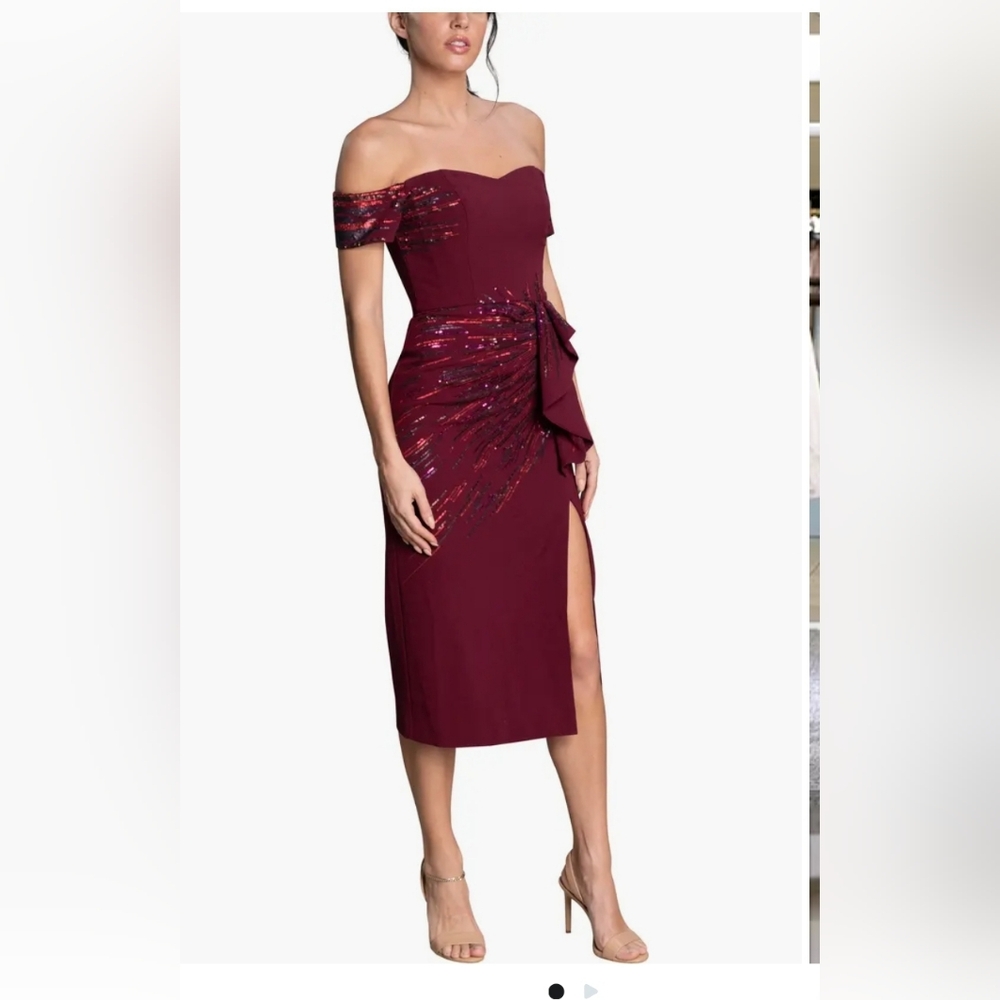 Dress the Population Alani Sequin Detail Off the Shoulder Midi Cocktail Dress